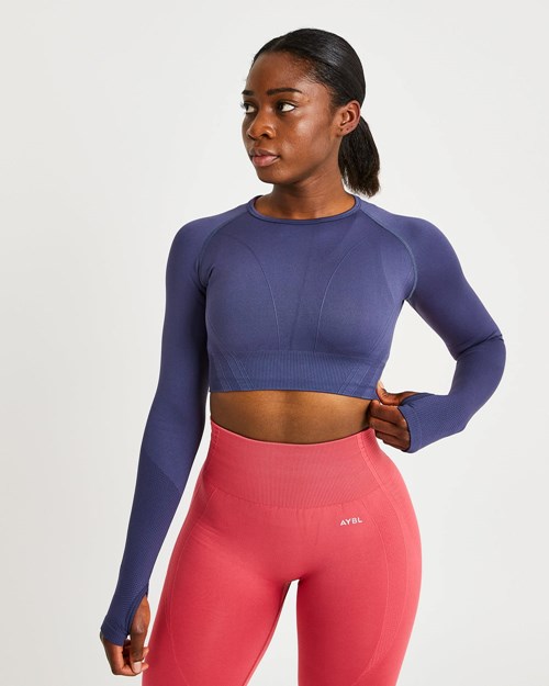 AYBL Balance V2 Seamless Long Sleeve Crop Top Tmavě Blankyt Blankyt | OKSE-89132