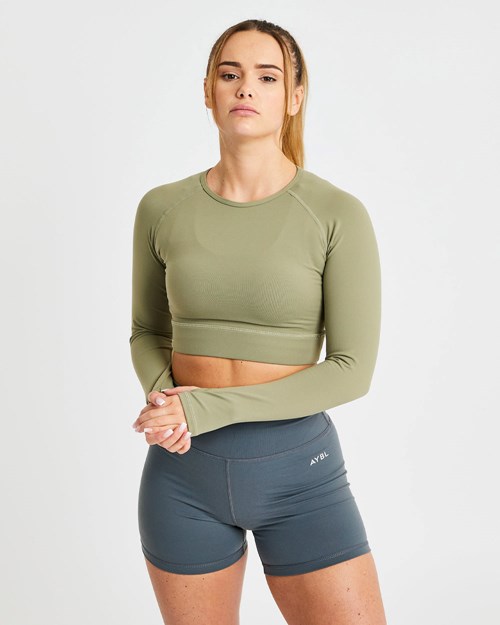 AYBL Core Long Sleeve Crop Top Olivy Zelené | IXMF-02735
