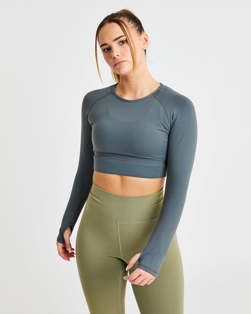 AYBL Core Long Sleeve Crop Top Šedé | RHNL-36502