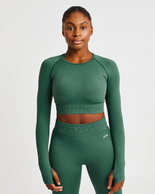 AYBL Elevate Seamless Long Sleeve Crop Top Zelene | BFTR-25943