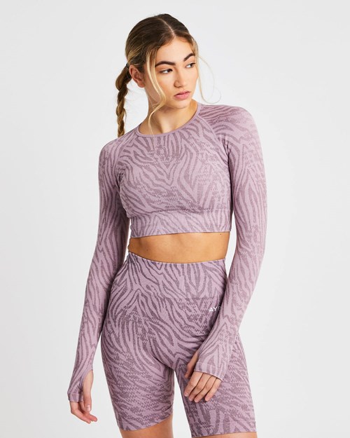 AYBL Evolve Animal Seamless Long Sleeve Crop Top Mauve Lilac | SGHB-96023