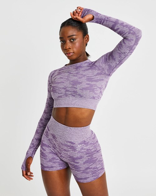 AYBL Evolve Camo Seamless Long Sleeve Crop Top Plum | DXFI-89405