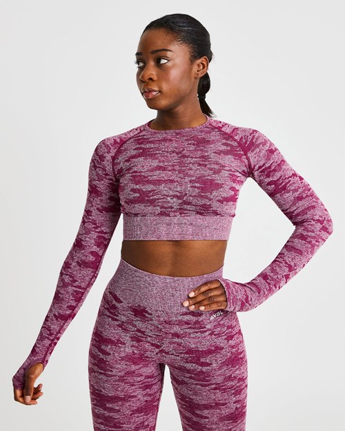 AYBL Evolve Camo Seamless Long Sleeve Crop Top Vínové | SIRF-54930