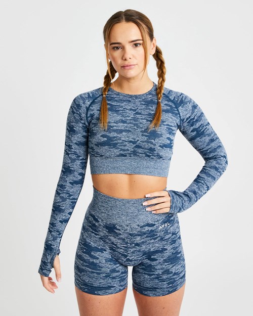AYBL Evolve Camo Seamless Long Sleeve Crop Top Teal | YJUR-05916