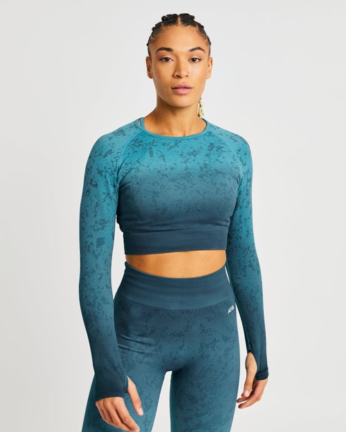 AYBL Flare Seamless Long Sleeve Crop Top Teal | LCXM-31260