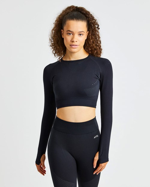 AYBL Ignite Seamless Long Sleeve Crop Top Černé | RHOZ-03186