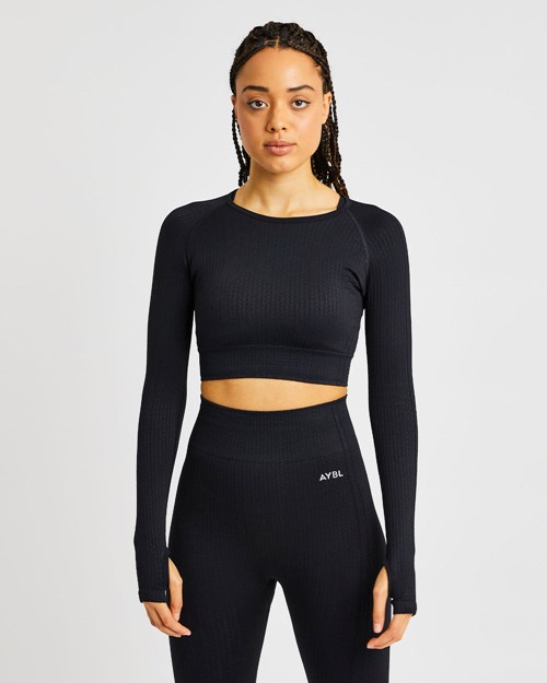 AYBL Luxe Seamless Long Sleeve Crop Top Černé | ONLU-92675