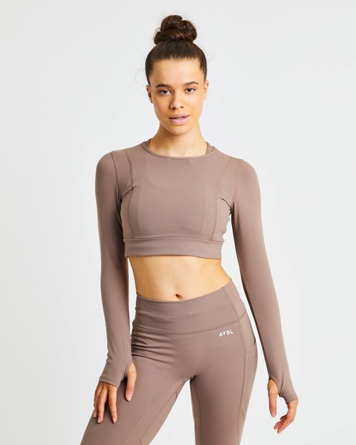 AYBL Pace Long Sleeve Crop Top Hnědé | IJXE-84031