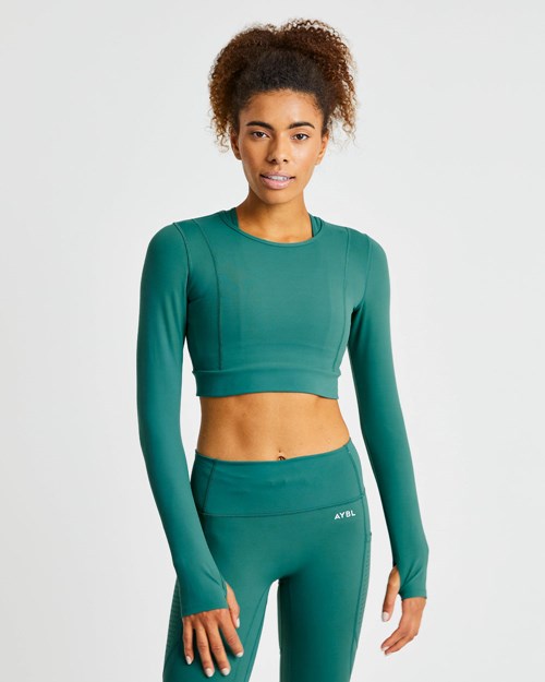 AYBL Pace Long Sleeve Crop Top Tmavě Zelene | CDKH-54083