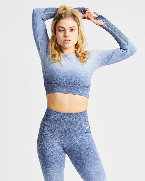 AYBL Pulse Ombré Seamless Long Sleeve Crop Top Tmavě Blankyt | DCJM-34812