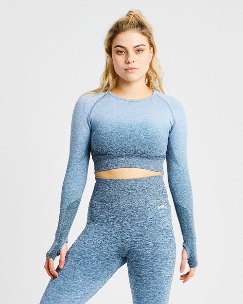AYBL Pulse Ombré Seamless Long Sleeve Crop Top Teal | EGIM-70962