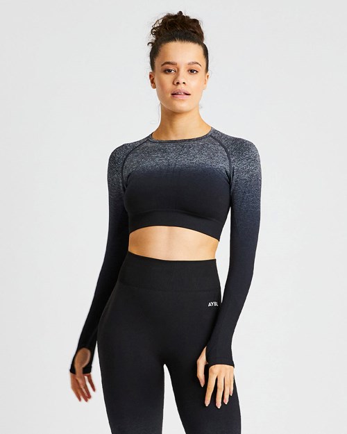 AYBL Pulse Ombré Seamless Long Sleeve Crop Top Black/Grey | XHMJ-42351
