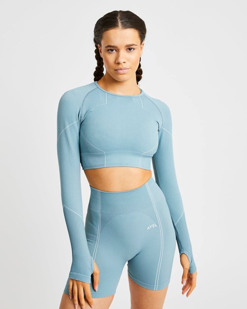 AYBL Reflex Seamless Long Sleeve Crop Top Teal | BWMP-06859