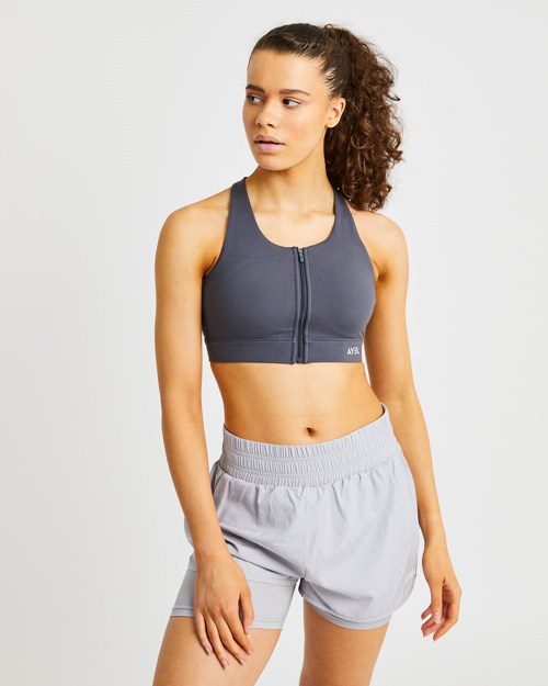 AYBL Sportive Zip Up Sports Bra Charcoal | KVOS-96841