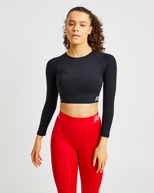 AYBL Tréninková Long Sleeve Crop Top Černé | NUYX-01786