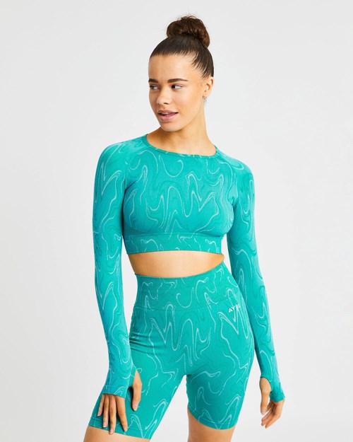 AYBL Velocity Seamless Long Sleeve Crop Top Tyrkysové | WKHZ-32475